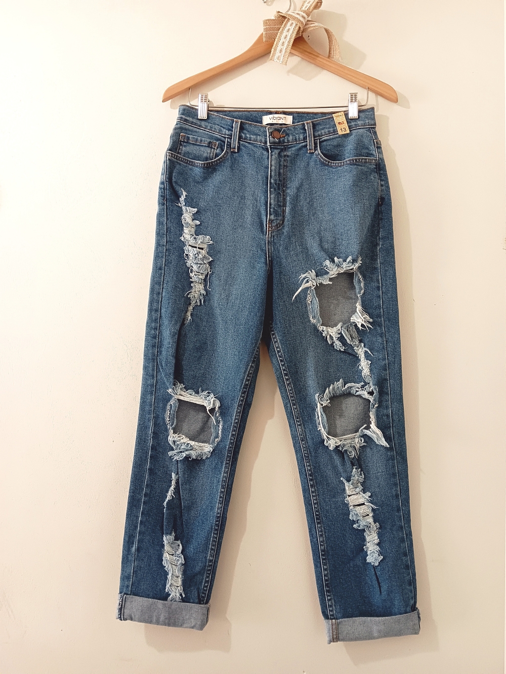 Vibrant Miu High Waisted Distressed Cuffed Hem Boyfriend Denim Jeans 30 | 13